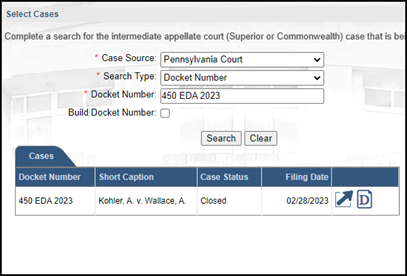 Searching for a Superior or Commonwealth Court case in the Select Cases screen.